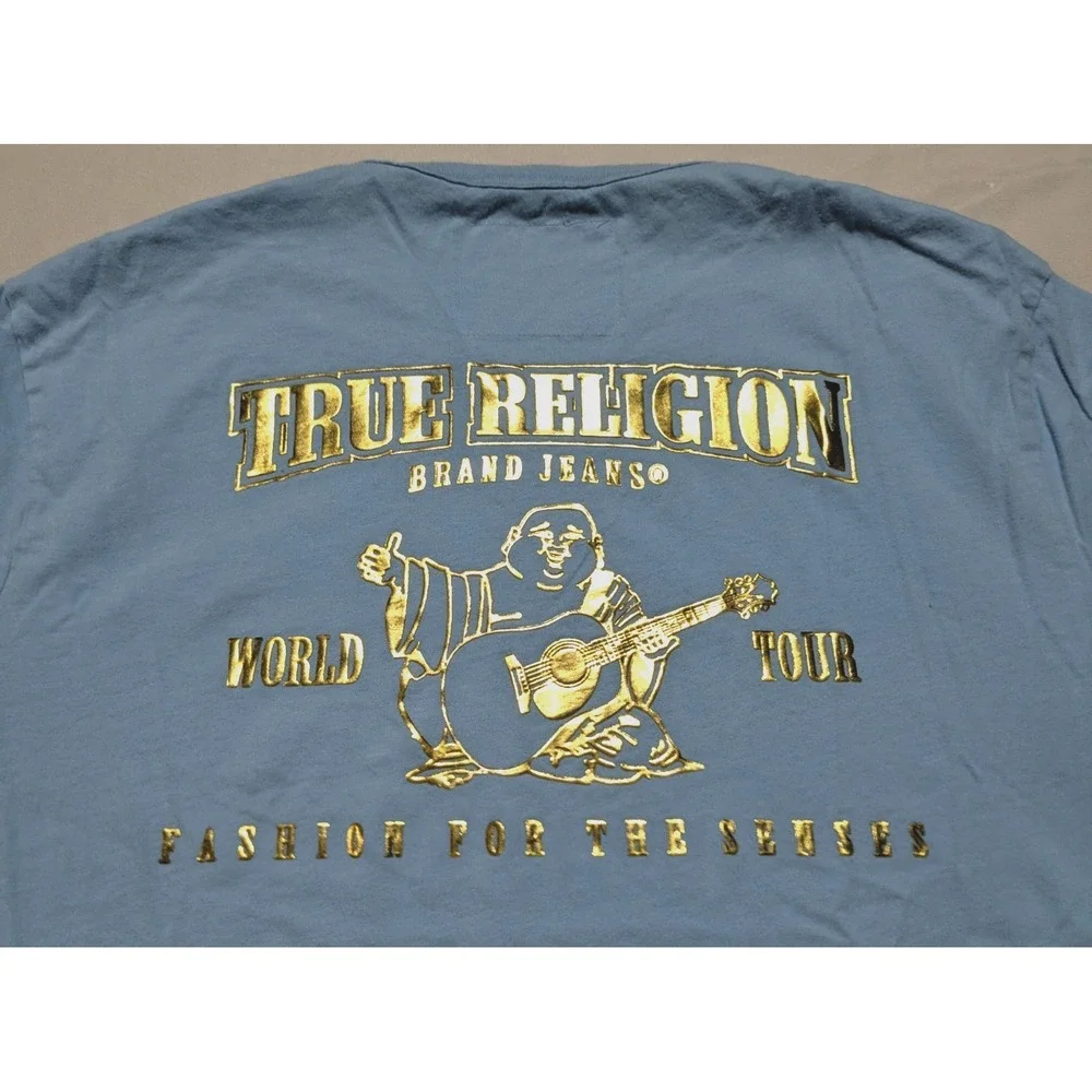 True Religion Gold Foil Buddha T-Shirt - Men XL Light Blue‎ Double-Sided